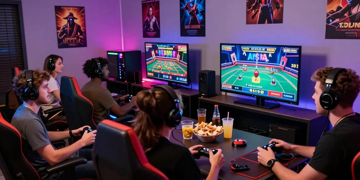 Exciting community gaming scene with friends playing hero 138 live casino games, vibrant atmosphere, and engaging setup.
