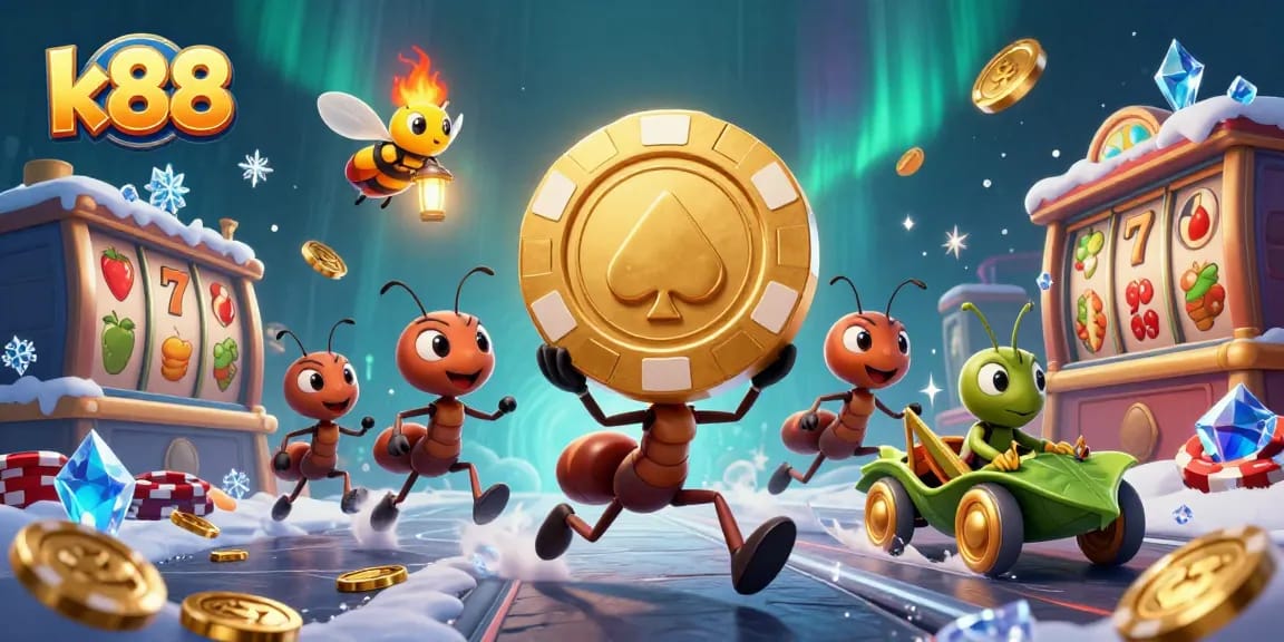 k88 ants stealing a golden poker chip in a vibrant casino heist scene.