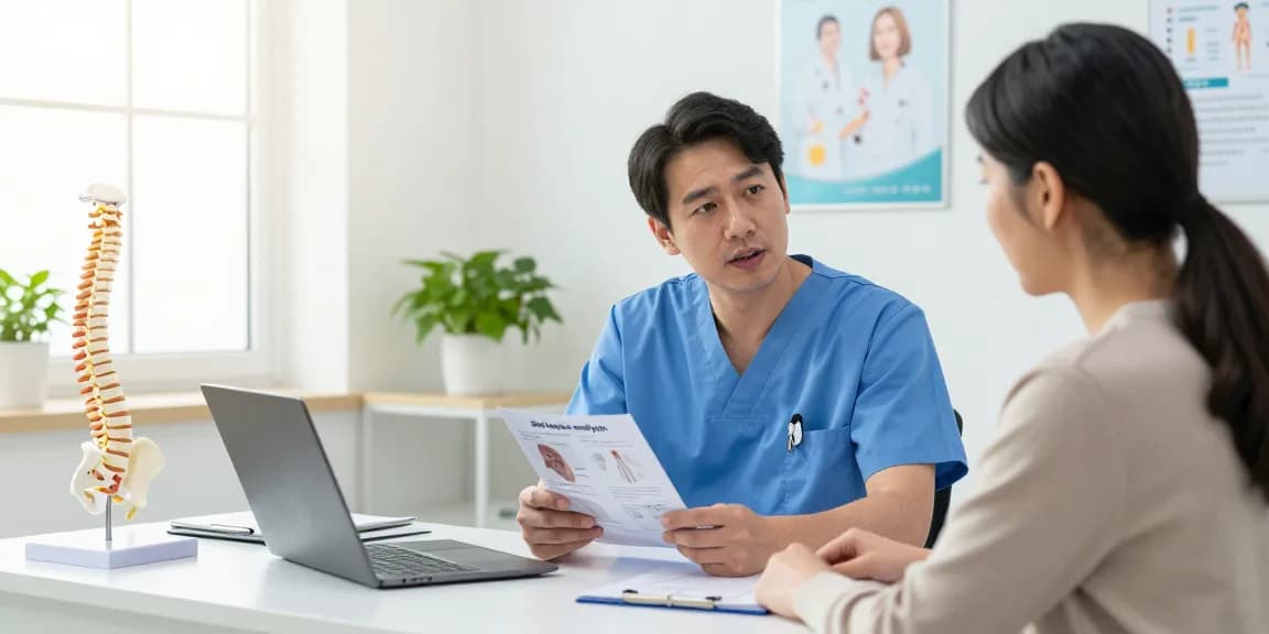 Surgeon explains Bel kayması ameliyatı to a patient in a medical consultation.