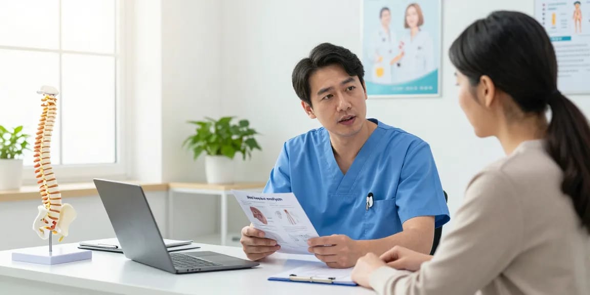 Surgeon explains Bel kayması ameliyatı to a patient in a medical consultation.