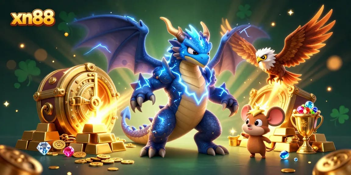 Experience excitement with xn88's vibrant 3D dragon, as golden treasures burst from a vault in action.