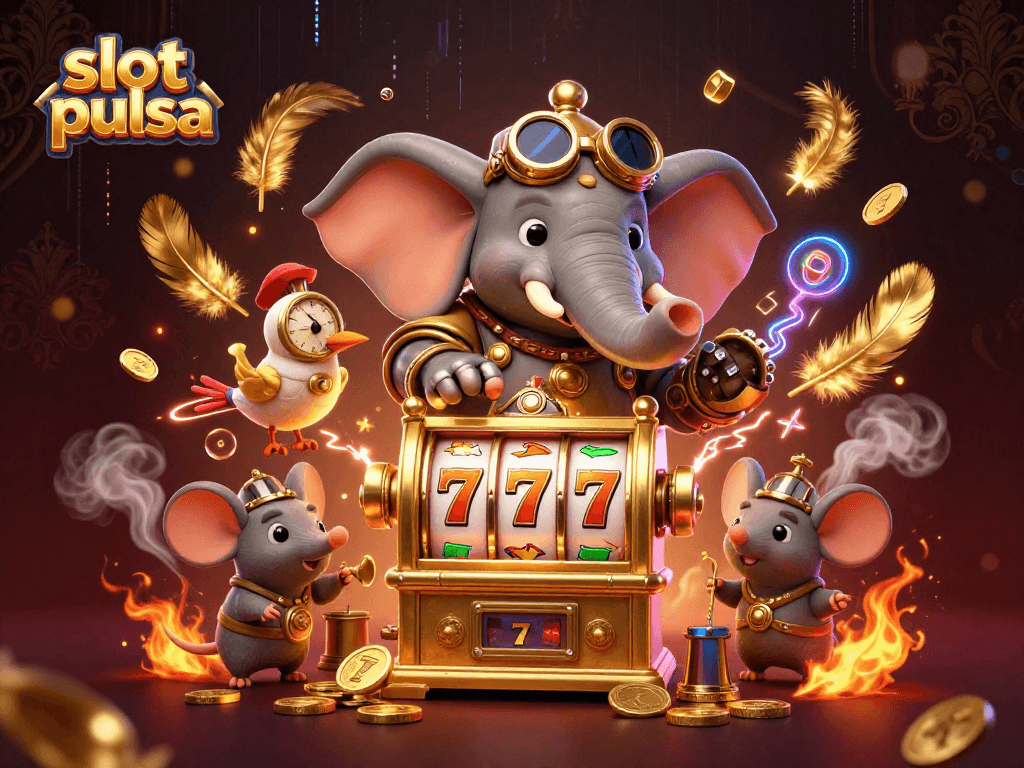 Engage with thrilling slot pulsa action featuring a steampunk elephant engineer and vibrant casino elements.