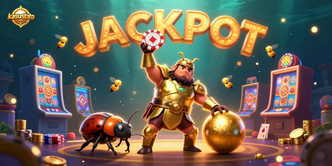 Menggulung chip poker dengan kasustoto, serangga 3D dan banyak mesin slot berwarna-warni.