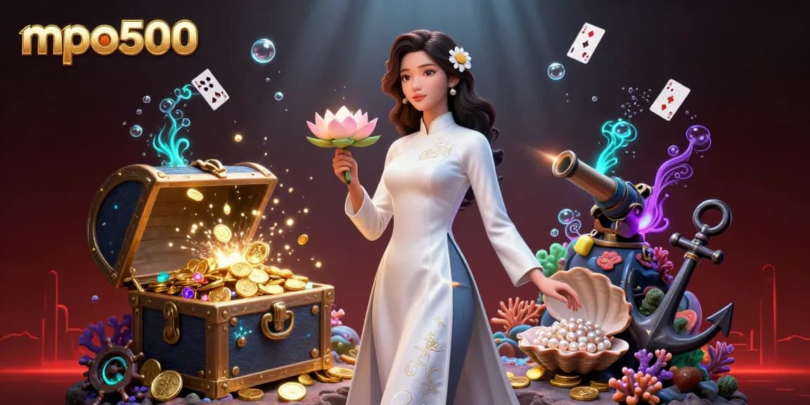 Win big at mpo500 with a stunning 3D scene of luxurious gambling elements and an elegant character.