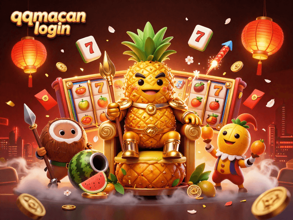 Engage in thrilling gaming with the qqmacan login featuring a cartoon pineapple king and vibrant casino elements.