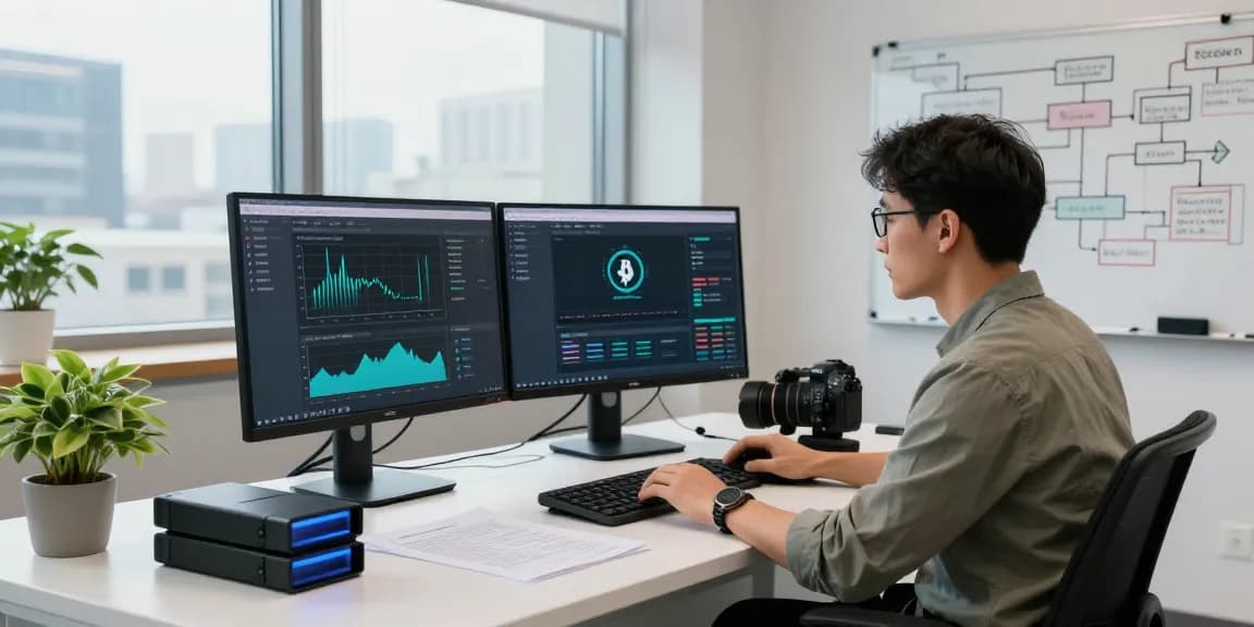 Recover lost crypto with a cybersecurity expert analyzing dual monitors in a modern office.