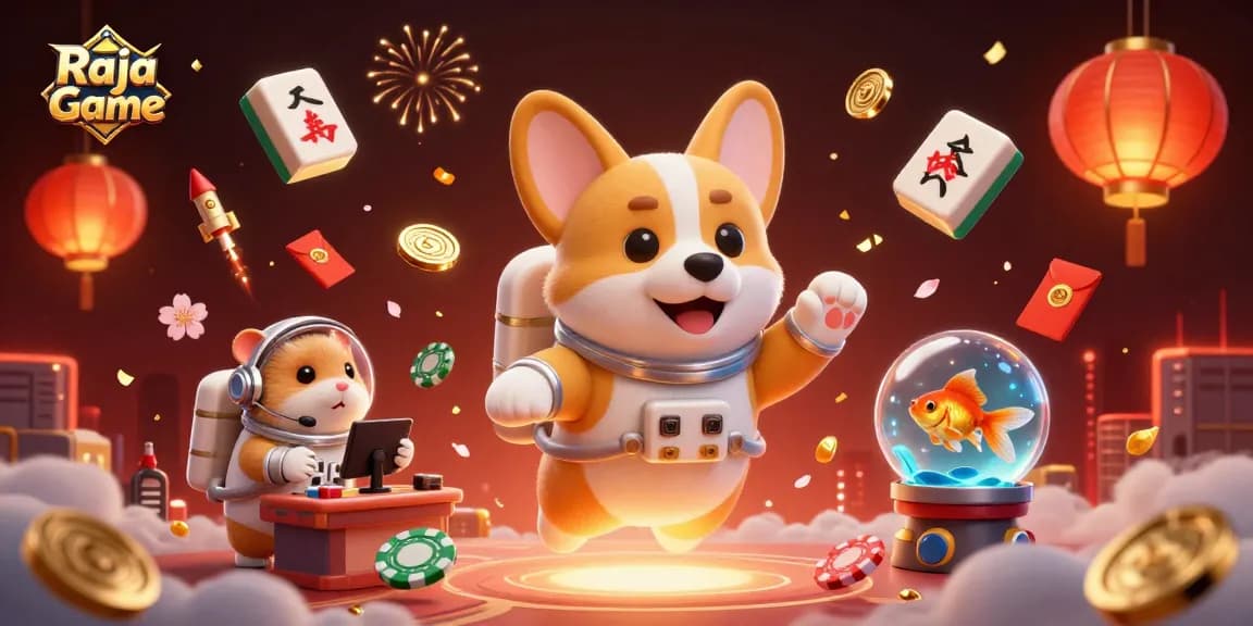 Experience thrilling gameplay with Raja Game, featuring a lively casino scene with floating characters and vibrant elements.