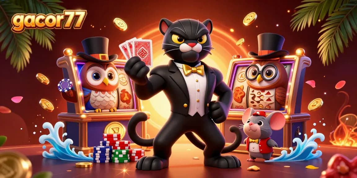 Gacor77 menghadirkan ilustrasi kasino yang kaya dan berwarna dengan panther, burung hantu, dan tikus beruntung.
