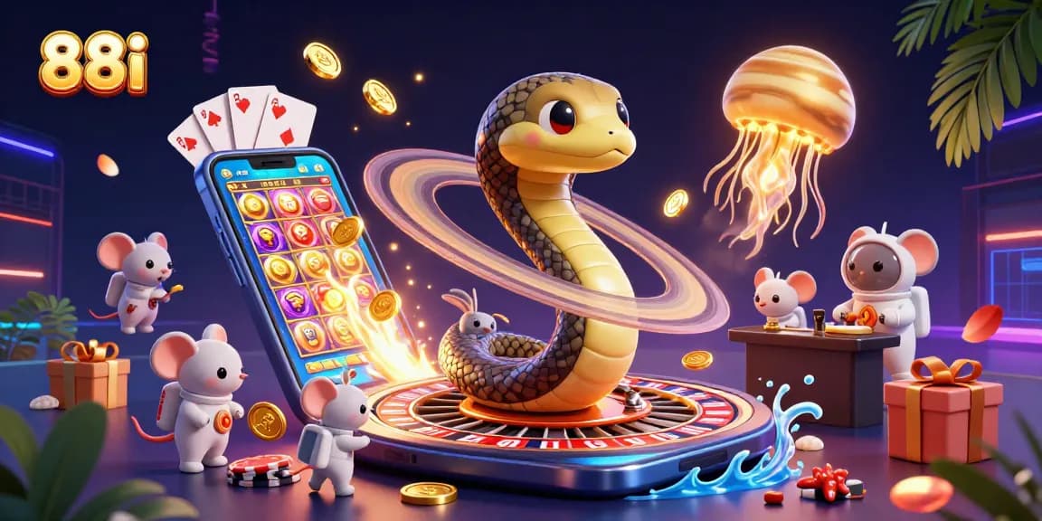 Experience the excitement at 88i with vibrant 3D cosmic characters engaged in casino play, reflecting thrilling gambling activities.