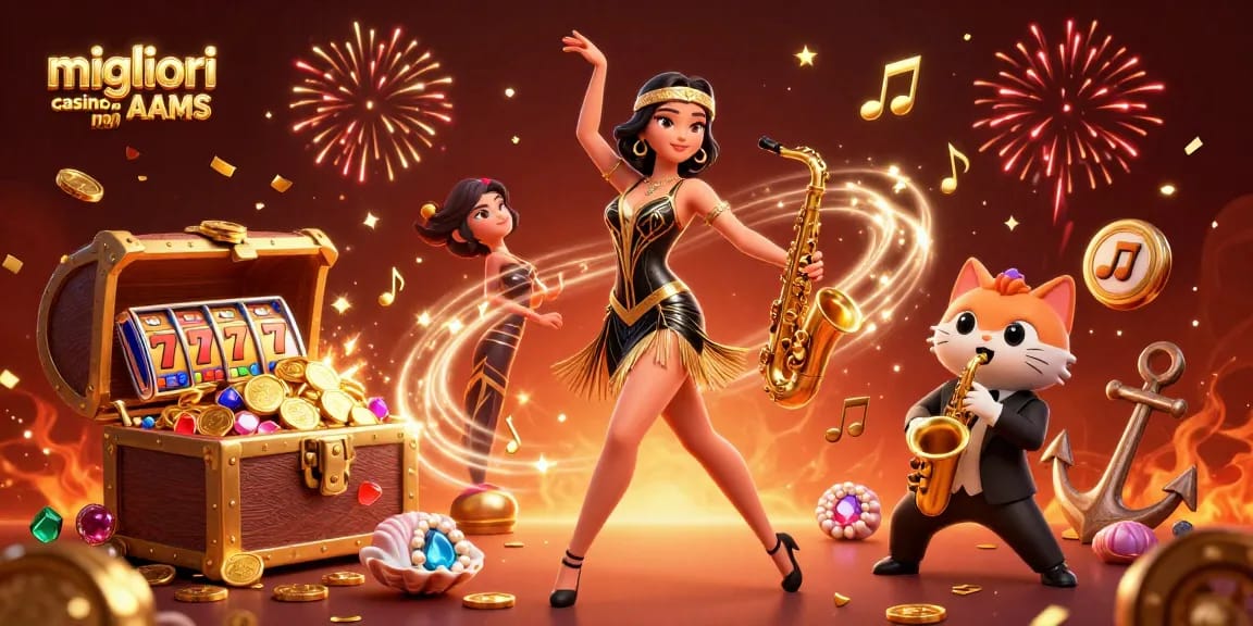 Scopri l'emozione dei migliori casino non AAMS con un'illustrazione vivace in 3D di una ballerina flapper e un gatto saxofonista.