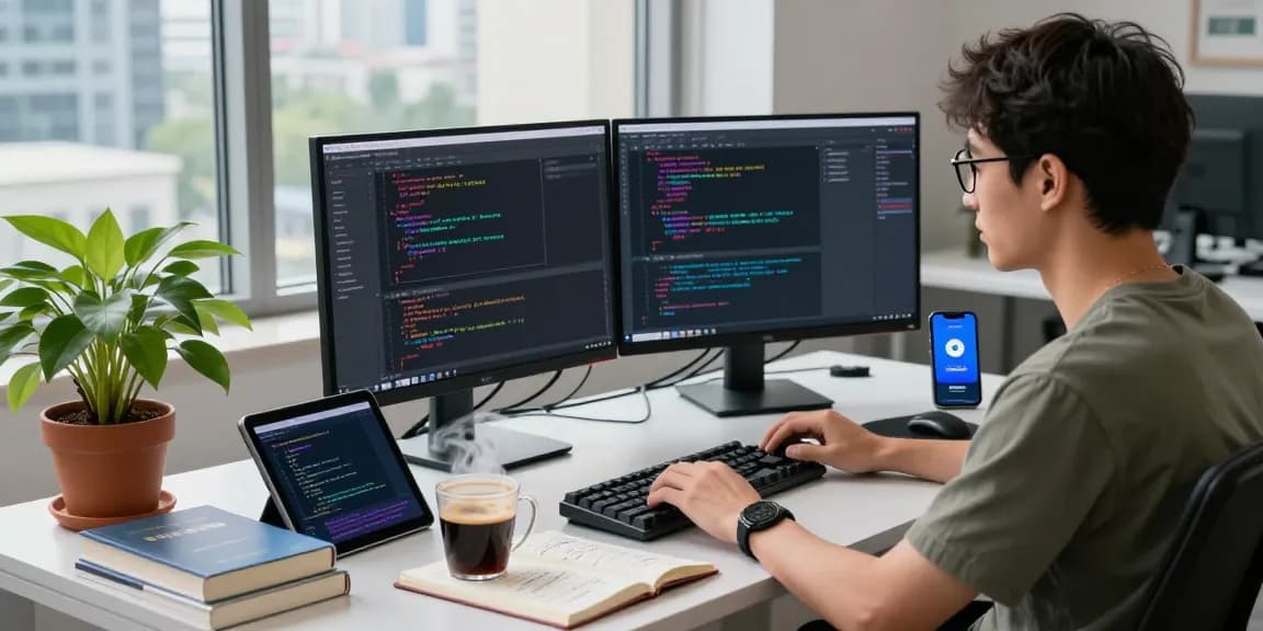 Developer coding Telegram Chinese update in modern workspace with multiple screens and gadgets