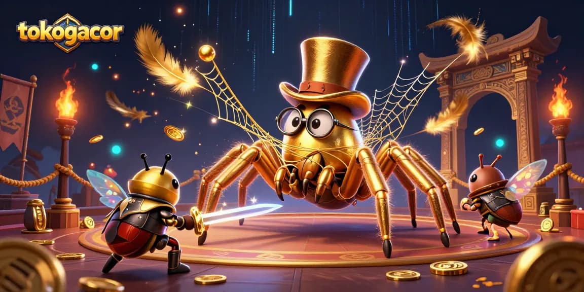 Tarikan slot online tokogacor dengan laba jari laba-laba emas yang mencolok dan kesatria kecil berani di lingkungan perjudian yang dinamis.