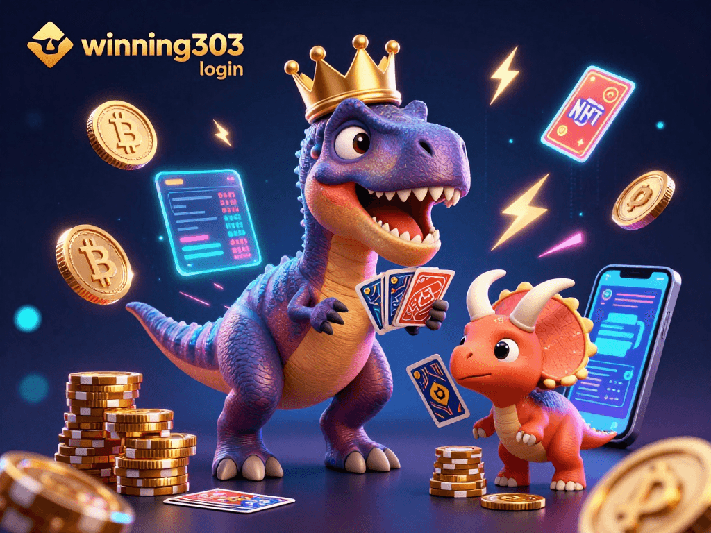 Engage in winning303 login with a playful T-Rex and crypto elements in a vibrant casino scene.