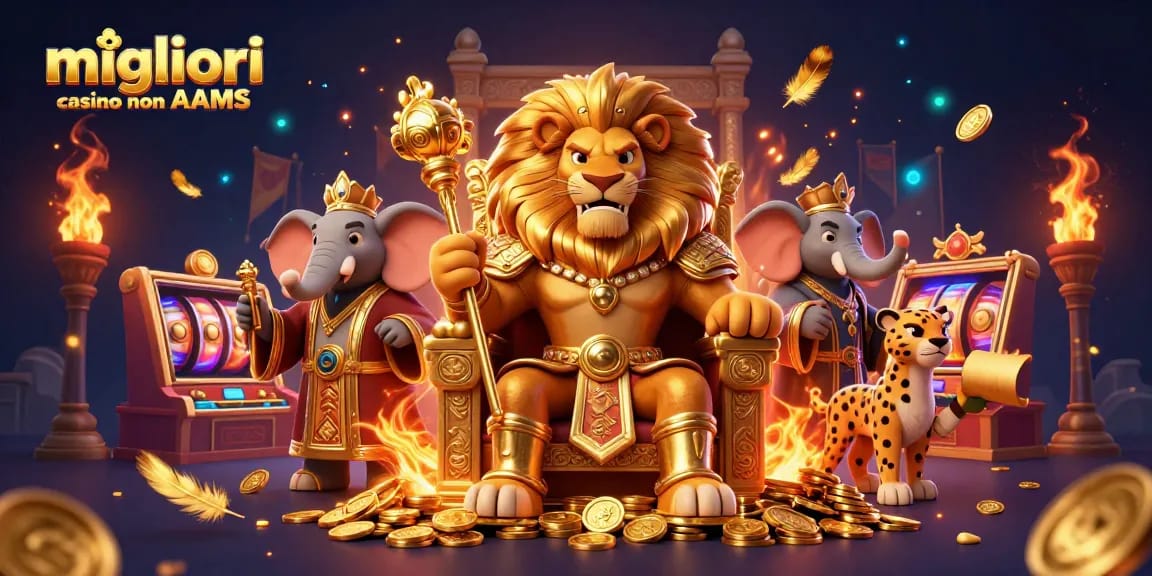 Migliori casino non AAMS con una scena dinamica che presenta un re leone, un elefante consigliere e un ghepardo messaggero circondati da elementi del casinò.
