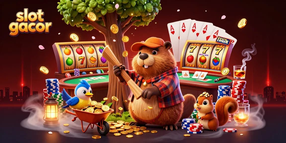 Experience the thrill of slot gacor with golden coins raining from a beaver's tree, showcasing winning moments.