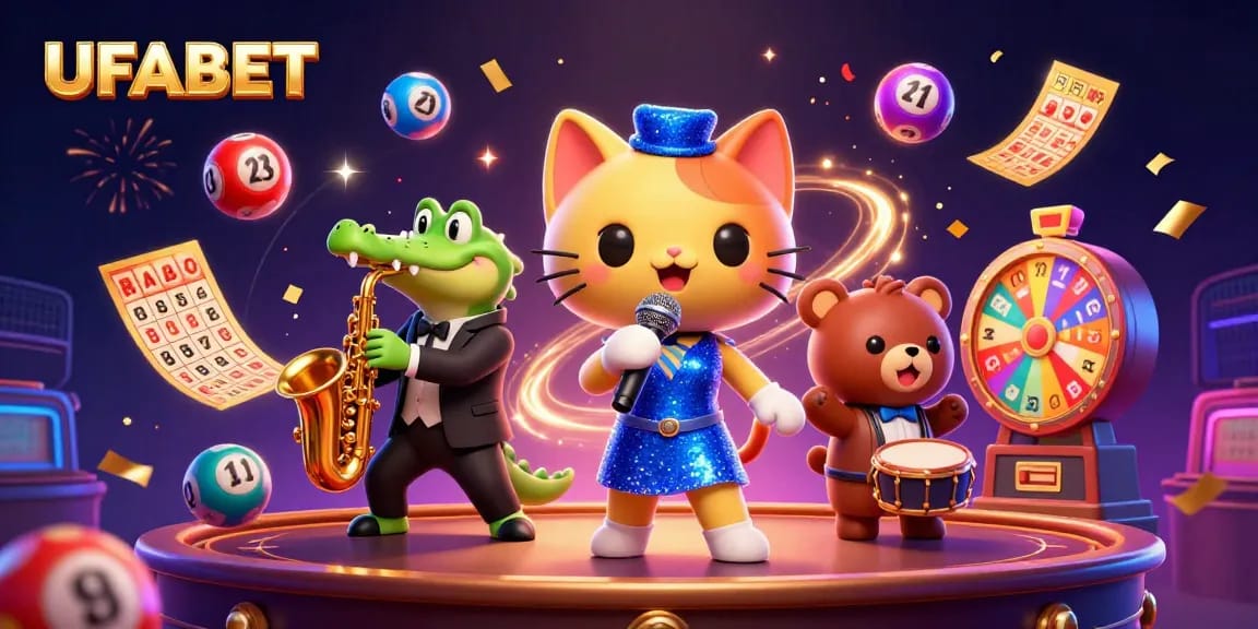 Spin the reels with UFABET's dazzling casino scene featuring vibrant games and lively characters.
