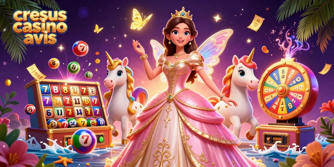 Illustration de Cresus casino avis mettant en avant une femme asiatique glamour, une licorne dorée et des éléments de casino vibrants.