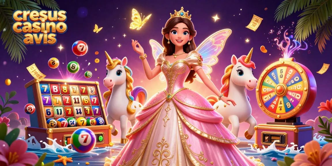 Illustration de Cresus casino avis mettant en avant une femme asiatique glamour, une licorne dorée et des éléments de casino vibrants.