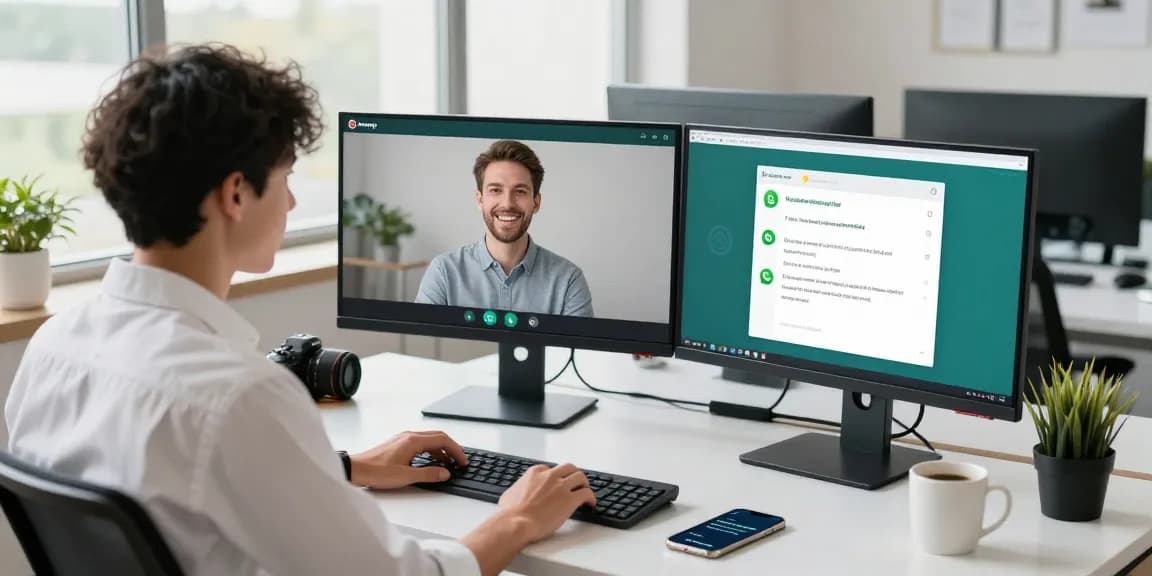 WhatsApp網頁版 interface used by a professional in a modern workspace, showcasing seamless messaging.