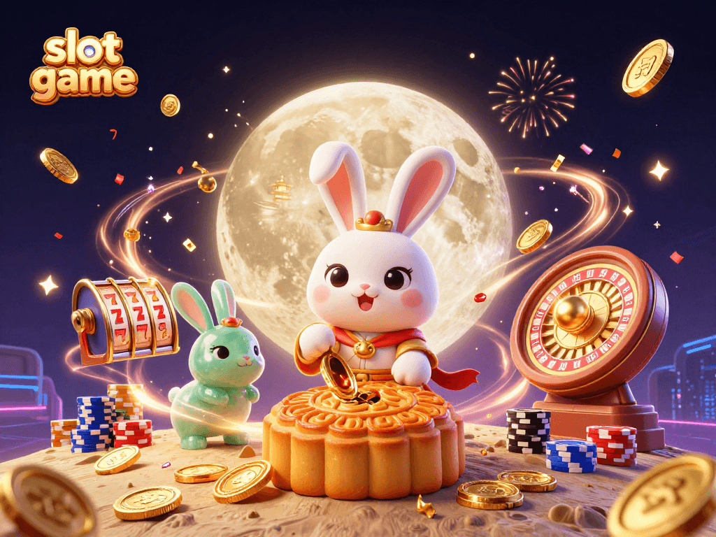 Engage in thrilling slot game action with a colorful moon rabbit scene filled with mooncakes and poker chips.