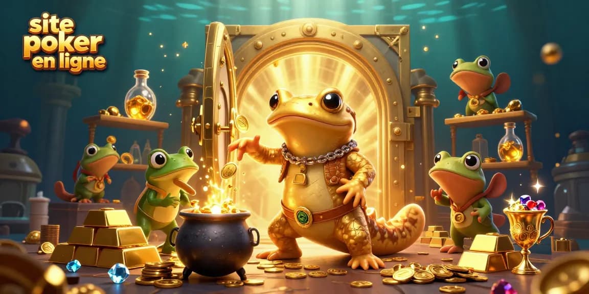 Découvrez le site poker en ligne, avec une scène animée de joueur et d'alchimiste au milieu d'un trésor d'or.