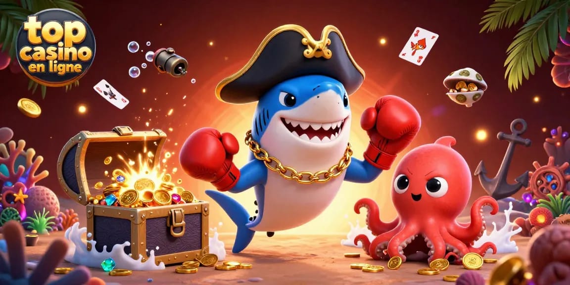 Explorez top casino en ligne avec un haussier marin et un bébé pieuvre, des trésors éclatants autour.