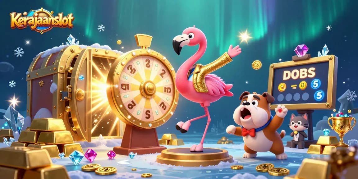 Mendapatkan hadiah besar di kerajaanslot, ilustrasi 3D kasino dengan ceria dan gemerlap.