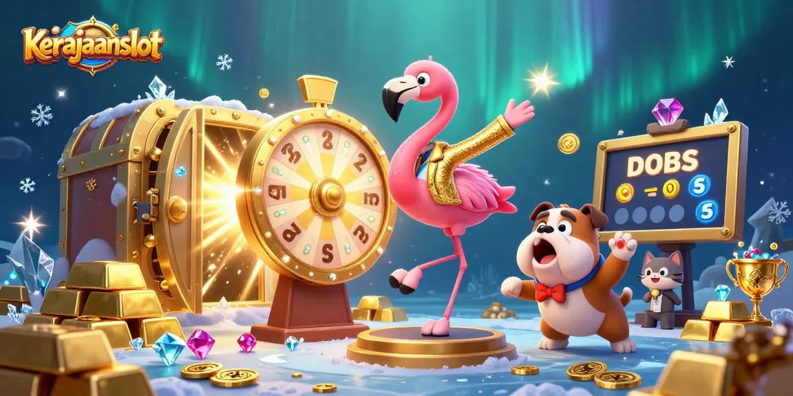 Mendapatkan hadiah besar di kerajaanslot, ilustrasi 3D kasino dengan ceria dan gemerlap.