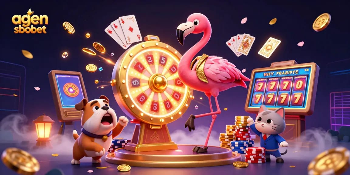A vibrant 3D illustration of an agen sbobet game show with a flamingo host, bulldog contestant, and prize scoreboard.