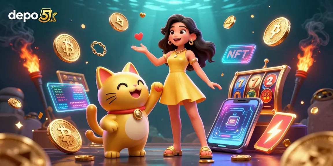 Engage in exciting play at depo 5k slot games, featuring vibrant characters and glowing coins.