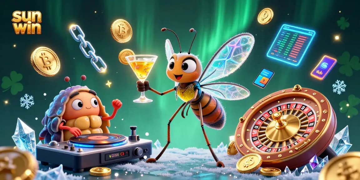 Engage with the sun win experience through dynamic 3D illustration showcasing casino excitement and crypto elements.