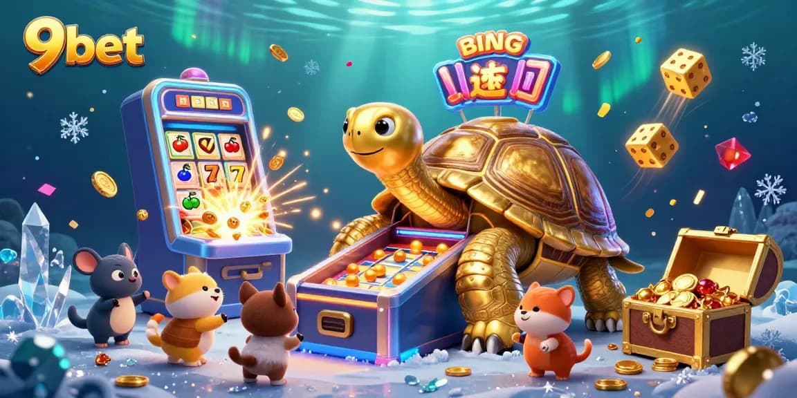 Join the fun at 9bet with an exciting scene featuring a colossal tortoise and slot machine action!
