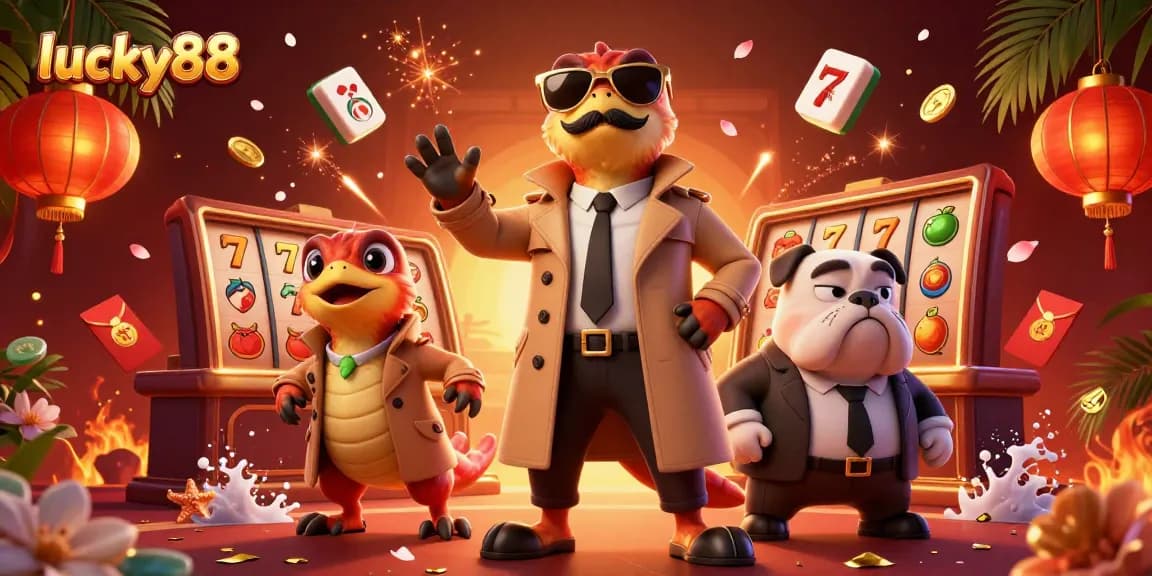Join lucky88's quirky trio of raptors in a trench coat seeking casino access amid vibrant slot elements!