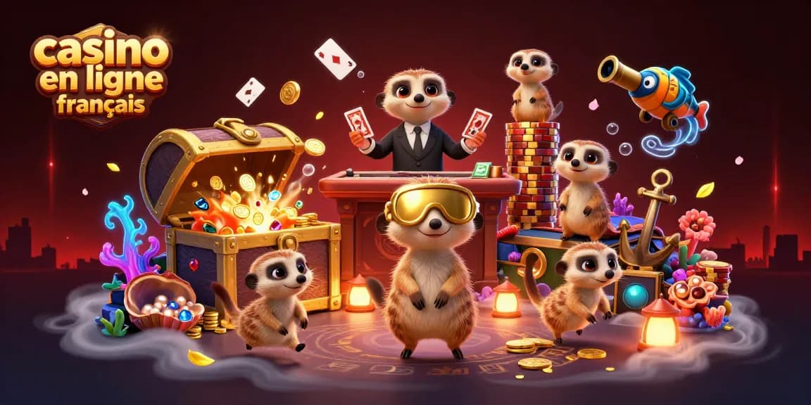 Découvrez une scène animée avec des suricates gérant un casino en ligne français, entourés de trésors et de jeux, pour une expérience captivante.