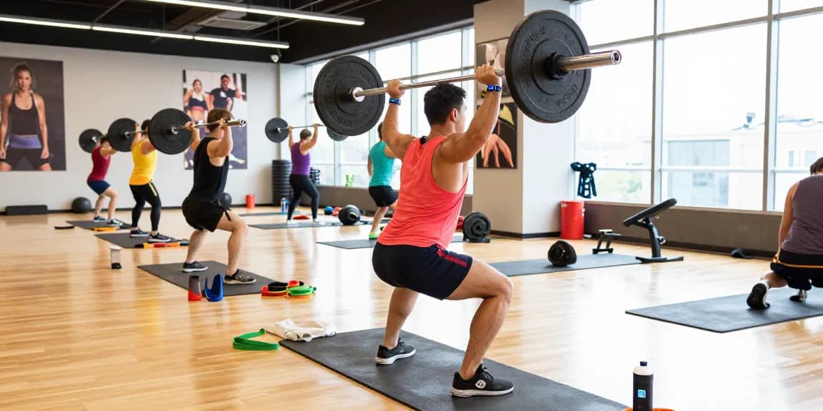 Beligas Shop: Fitness training scene showcasing vibrant workout gear in a modern gym environment.