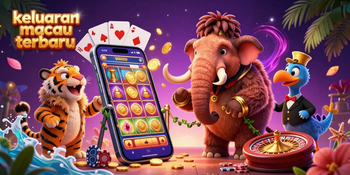 Keluaran macau terbaru showcases a vibrant 3D casino scene with playful characters amidst colorful game elements.