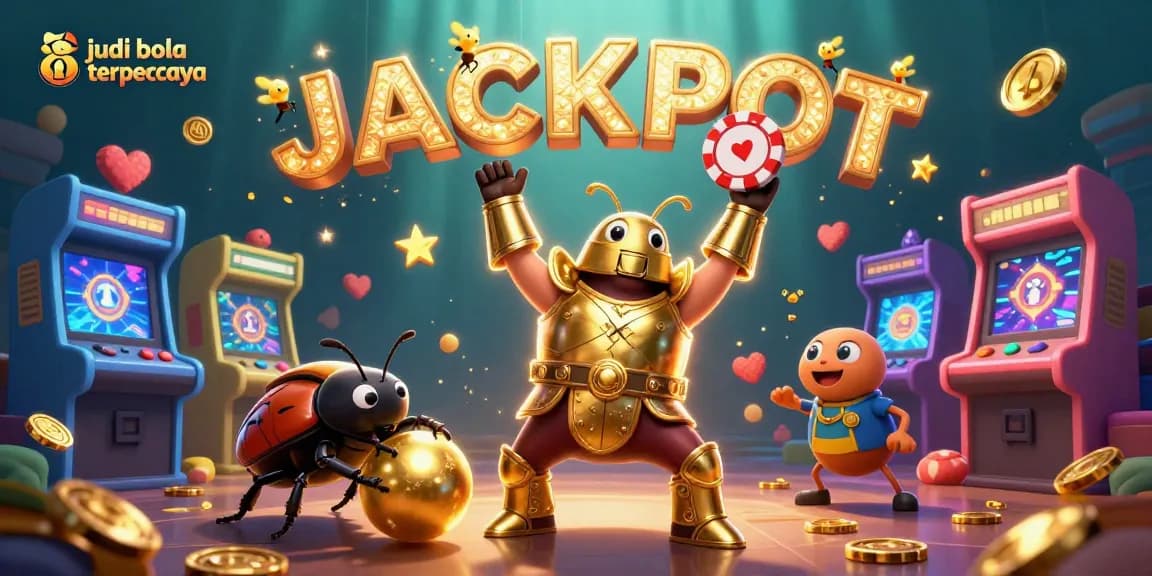Engage in judi bola terpercaya with a victorious beetle celebrating along with gold elements in a vibrant scene.