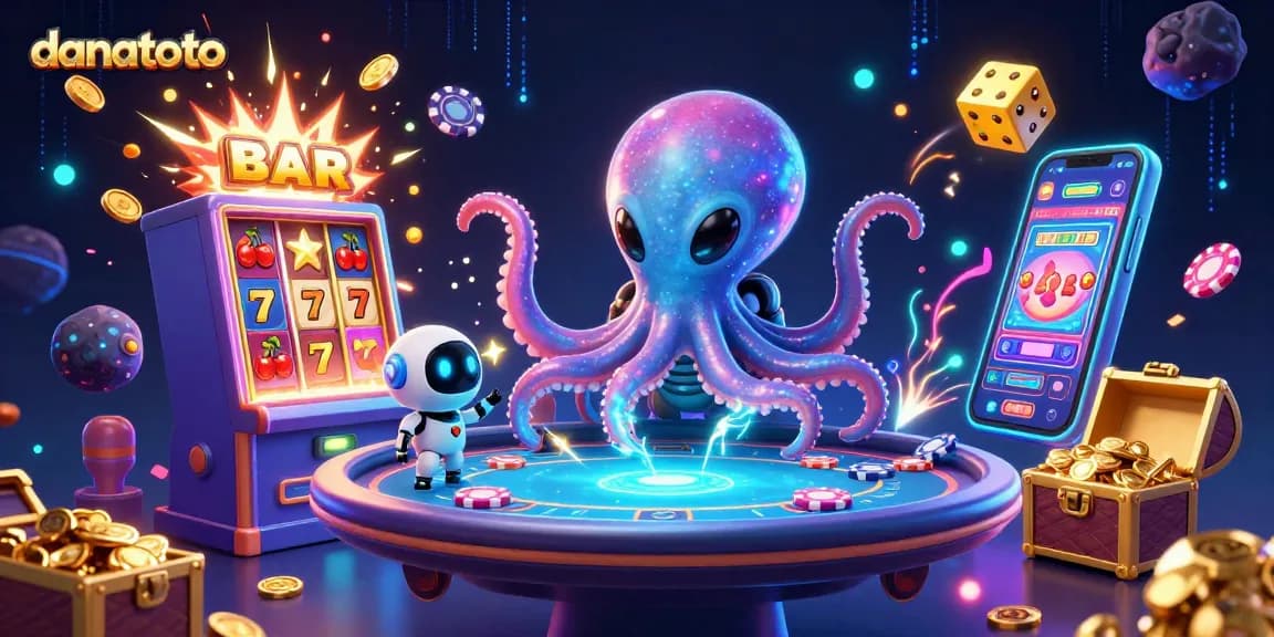 Dive into danatoto with a 3D alien octopus at a holographic poker table amidst an explosion of casino symbols.