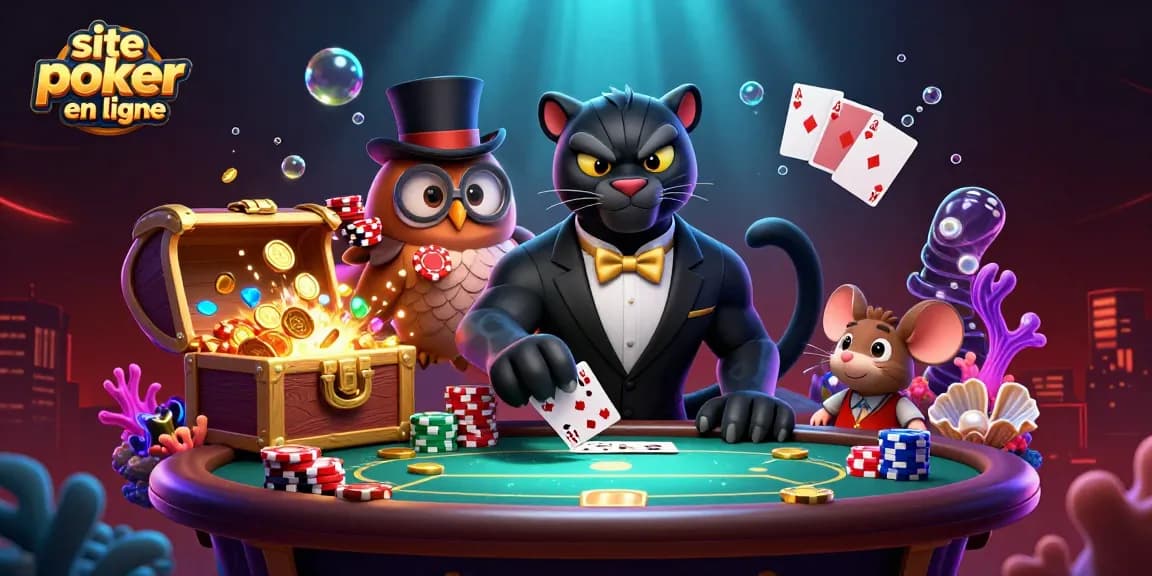Jouez sur un site poker en ligne avec une panthère élégante distribuant des cartes et des jetons au poker.