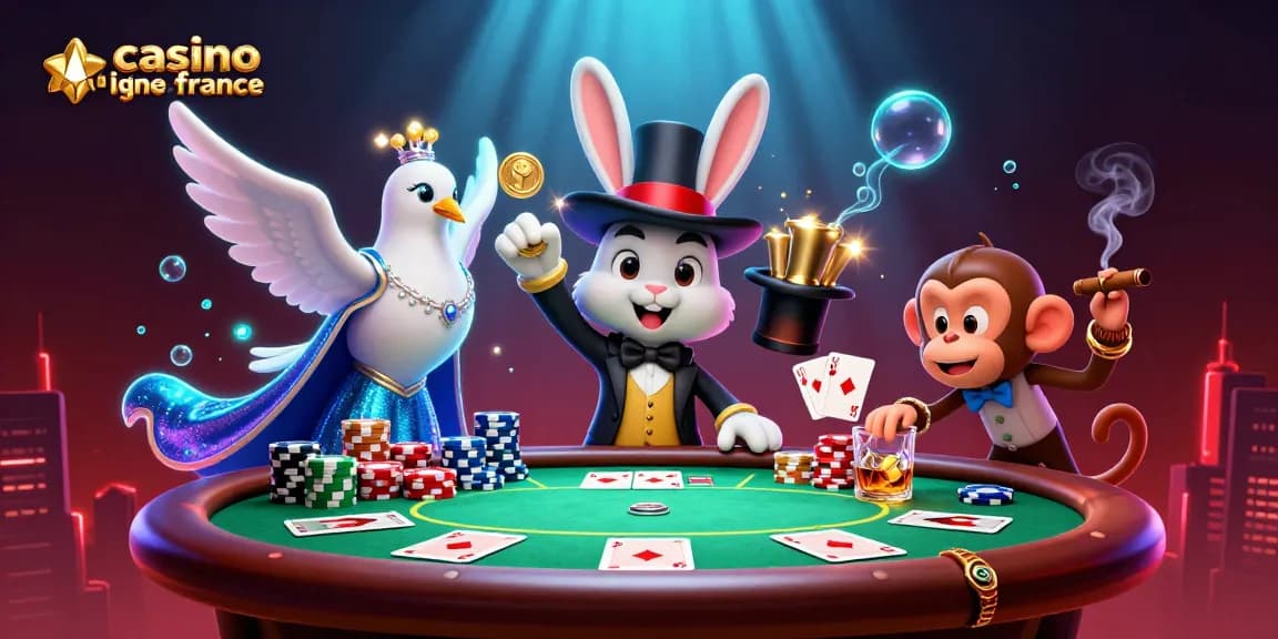 Participez à un gameplay palpitant avec le casino en ligne France mettant en vedette un lapin magicien, des jetons de poker et des éléments mystiques.
