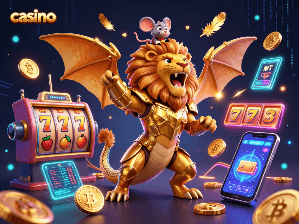 Engage in a thrilling casino experience with a roaring chimera and bright slot machines.
