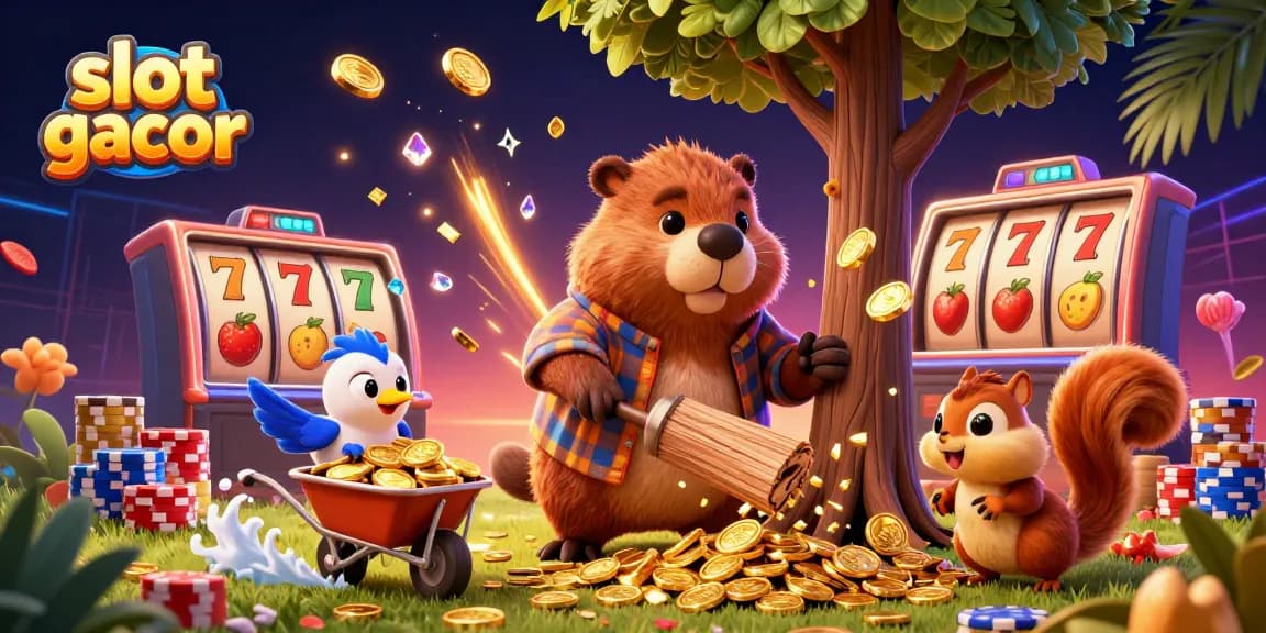 Engage with slot gacor as the lumberjack beaver collects golden coins in a lively casino scene.
