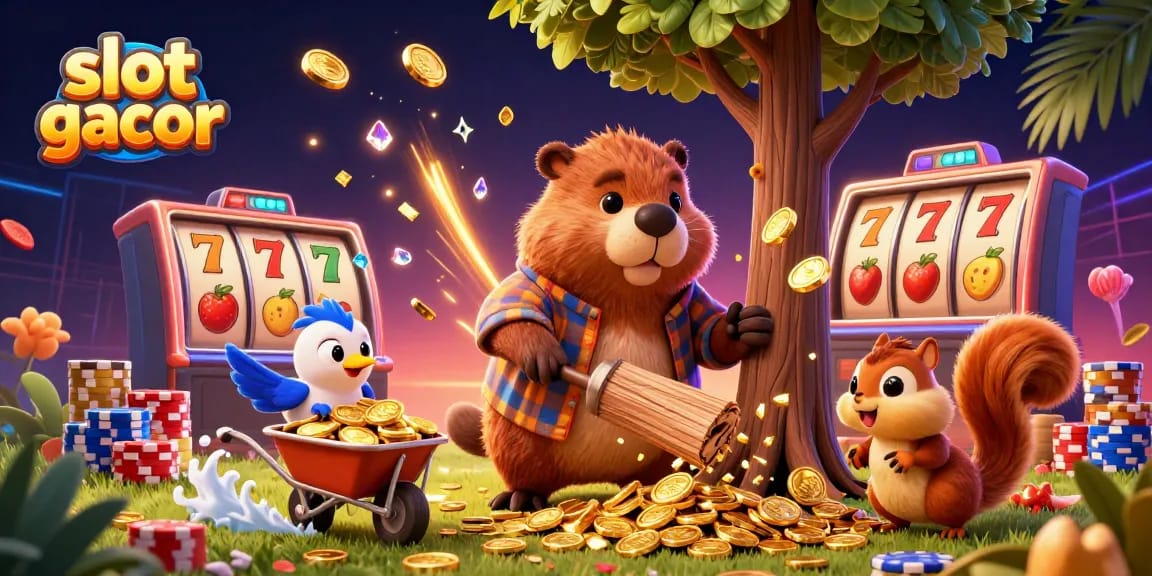 Engage with slot gacor as the lumberjack beaver collects golden coins in a lively casino scene.