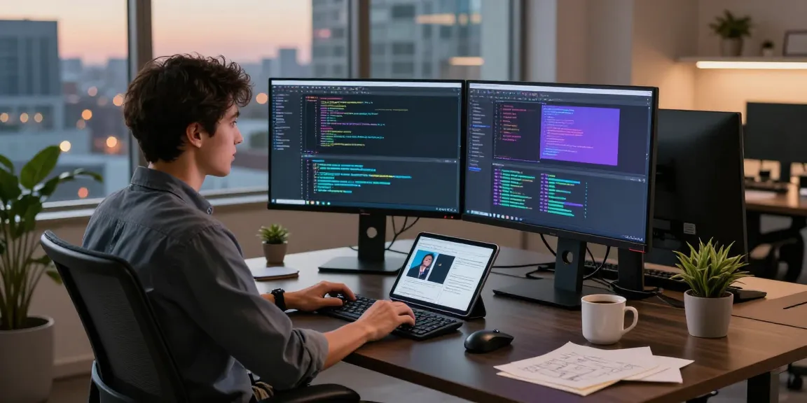 Developer coding at a modern workspace on teiegramin.com with dual monitors and city view.