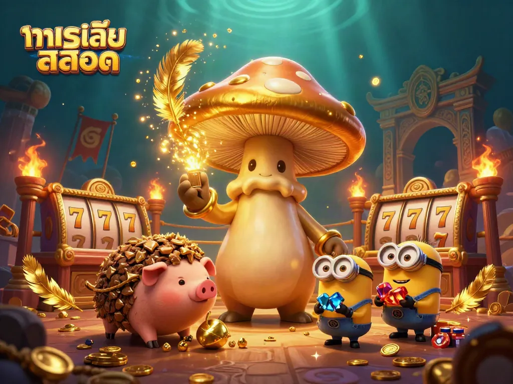 การทดลองเล่นสล็อตในภาพวาด 3D ที่ชีวิตชีวาและมีสีสัน พร้อมกับสัญลักษณ์ของโชคดี