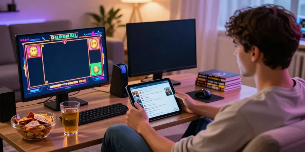 Pengguna situs slot bermain game slot di smartphone dengan suasana nyaman di ruang tamu.
