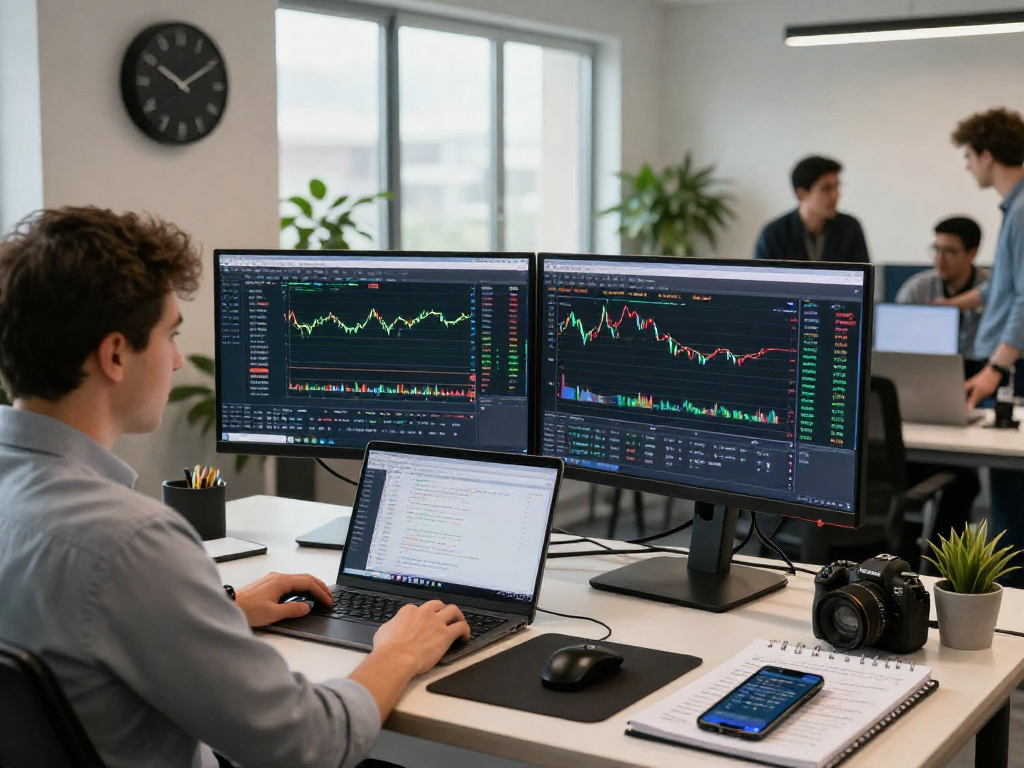 Focused trader utilizing metatrader 5 on dual monitors in a modern workspace