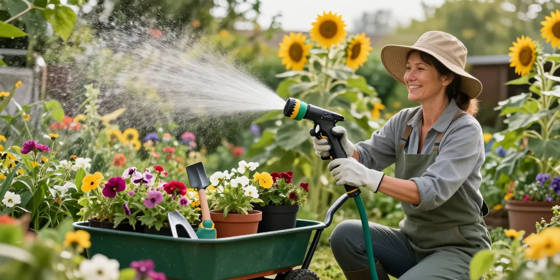 Gardener using the best hose nozzle to efficiently water a colorful garden filled with flowers and plants.