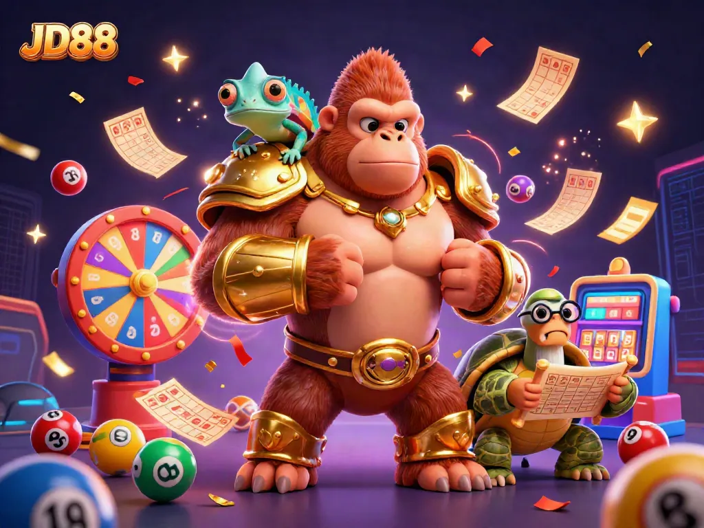 Experience thrilling gameplay at JD88 with vibrant lottery elements and animated characters in a dynamic casino scene.
