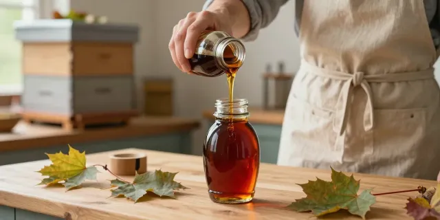 Maplelixir artisan pouring pure Canadian maple syrup into jars in a rustic kitchen.